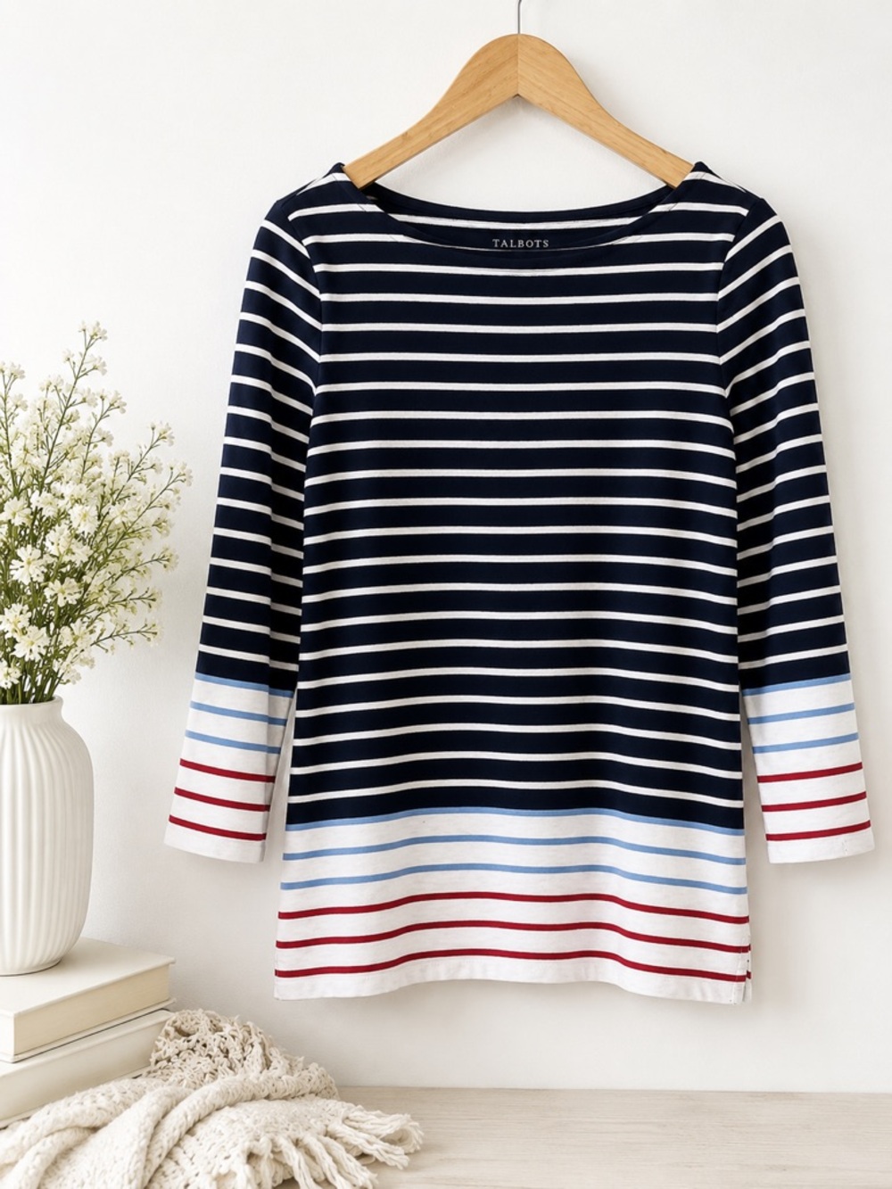 Talbots 100% Cotton Striped Boat Neck Top Small Navy White Red